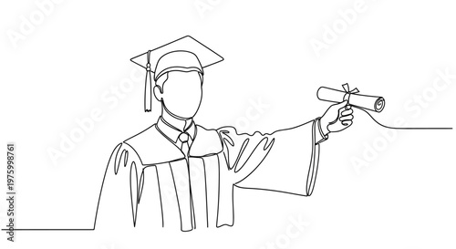 Continuous line art illustration of a person in graduation cap and gown holding a diploma, symbolizing achievement and academic success, perfect for educational content