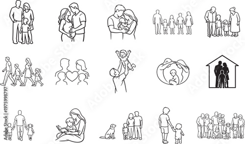 Family icon set in thin line style with parents, children and home symbols. Simple outline vector.