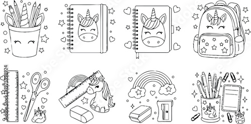 Cute unicorn themed coloring book collection of smiling stationery items including pencil holder notebooks backpack rulers scissors and erasers with stars hearts and rainbows in line art style