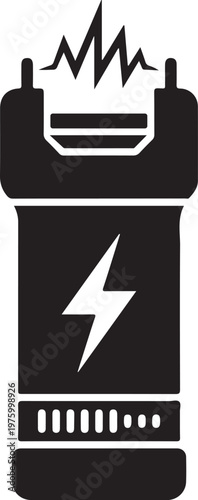 Black silhouette of a taser gun with lightning bolt symbol self defense security electric violence enforcement protection aggression authority equipment isolated
