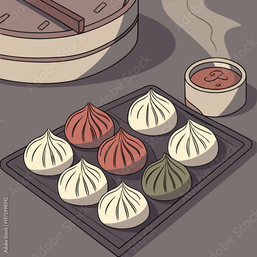 A steamer basket with dumplings and a cup of sauce on a gray background