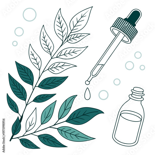 A vector graphic illustration of a dropper and bottle with leaves, representing herbal medicine or essential oil.