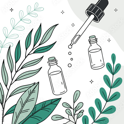 A vector graphic illustration of a dropper and bottles surrounded by leaves and plants, representing herbal medicine and essential oils.