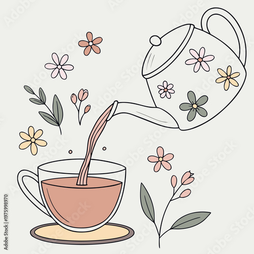 A whimsical vector illustration of a teapot pouring tea into a cup surrounded by flowers