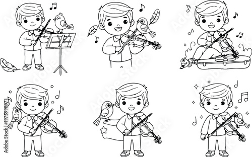 Black and white line art boy playing violin with bird singing music notes for coloring book page collection illustration style