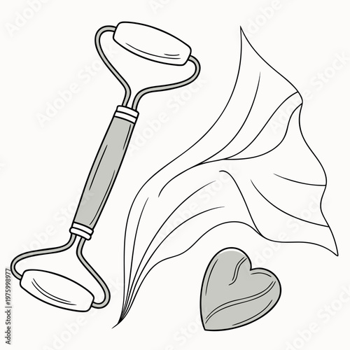 A vector graphic illustration of a facial roller with a leaf and heart on a white background