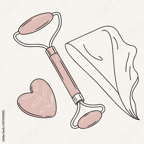 A vector graphic illustration of a facial roller, heart, and cloth for skincare and beauty routine