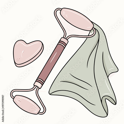 A vector graphic illustration of a facial roller, cloth, and heart-shaped stone for skincare and beauty routine