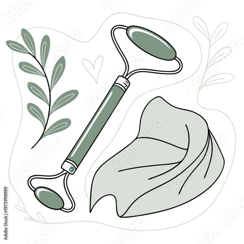A vector graphic illustration of a facial roller and a leaf on a white background with a minimalist design
