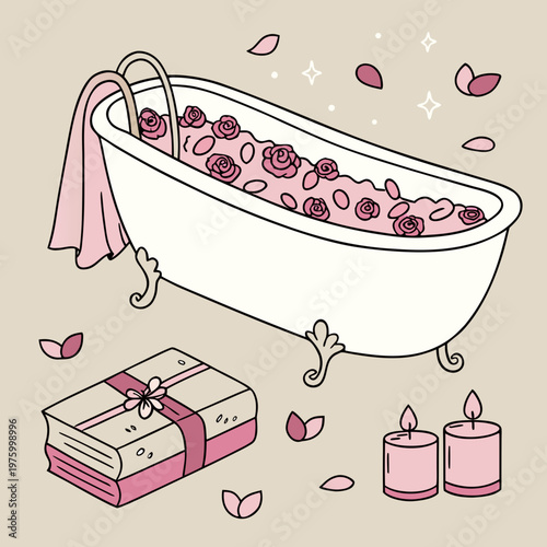 A serene vector illustration of a bathtub filled with roses and surrounded by candles and gifts