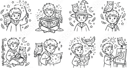 Black and white coloring book page set of magical boy wizard with owl performing spells reading magic book wearing wizard hat and studying astronomy in various scenes vector art