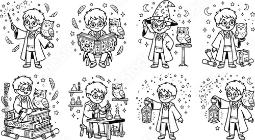 Black and white coloring book style wizard boy with owl magical spells reading books holding lantern and wand charming school robe hat detailed fantasy illustrations