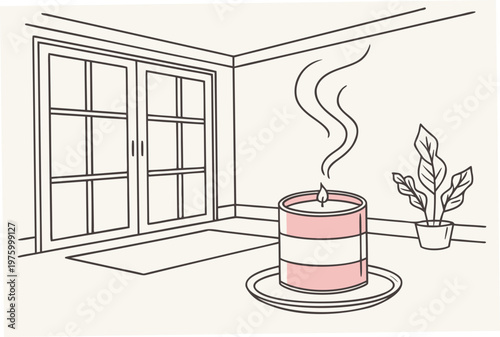 A minimalist line art illustration of a pink candle in a serene room with a plant and window