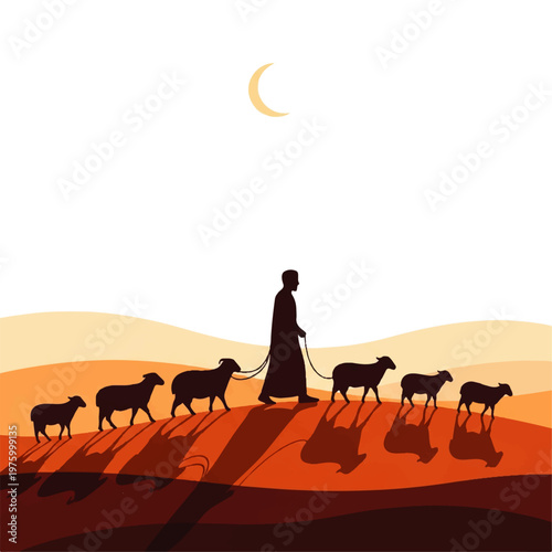 Vector flat design illustration of a shepherd guiding a flock of sheep across desert dunes under a crescent moon