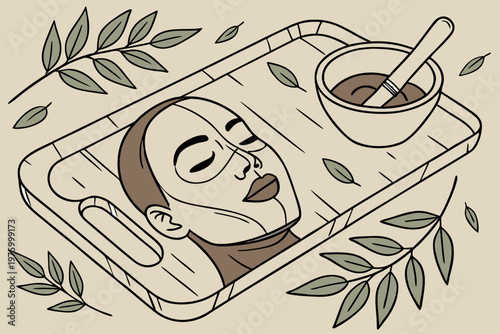 A serene woman enjoying a spa treatment with a face mask and herbal leaves