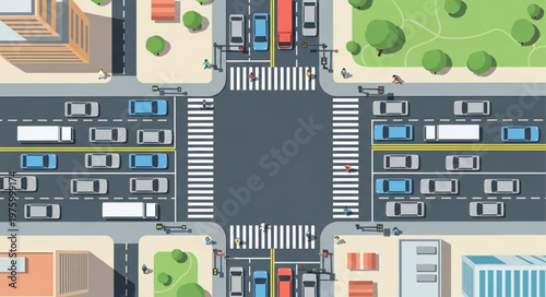 Aerial View of Busy City Intersection with Traffic.