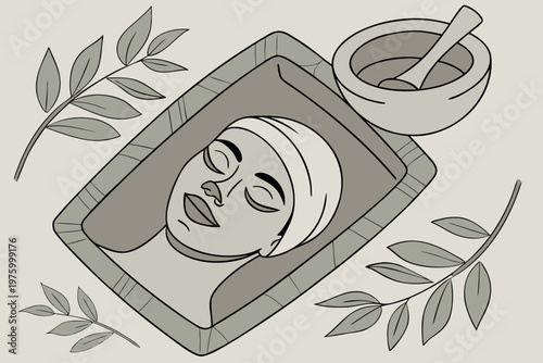 A serene woman receiving a spa treatment with a facial mask and herbal leaves