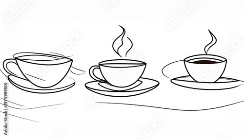 Three cups of coffee on saucers, steam rising, simple line drawing.