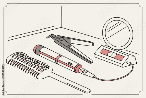 A vector graphic illustration of various hair styling tools and makeup on a table
