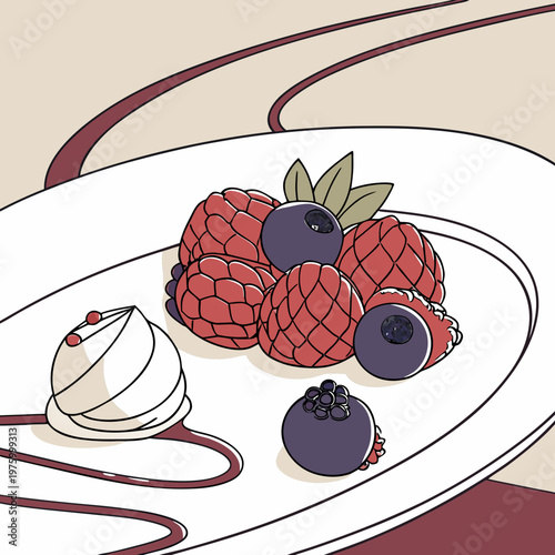 A vector graphic illustration of a plate of fresh raspberries and blueberries with whipped cream