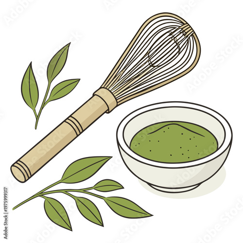 A vector graphic illustration of a bamboo whisk with a bowl of green tea and leaves on a white background