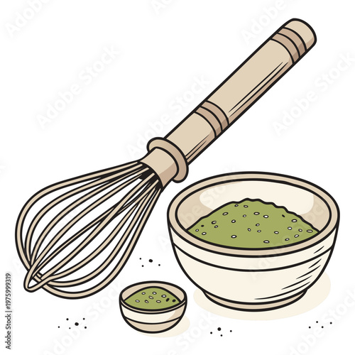 A vector graphic illustration of a whisk and two bowls of green sauce on a white background