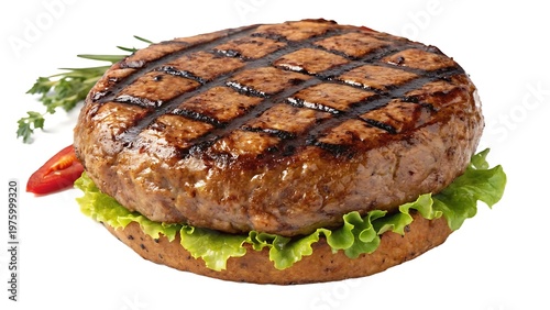 Grilled Beef Burger Patty on a Bun with Lettuce Tomato and Herbs Keywords: burger, hamburger, beef, patty, grilled