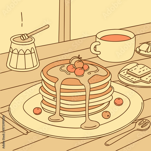 A vector graphic illustration of a stack of pancakes with syrup and fruit on a table with a cup of tea and honey