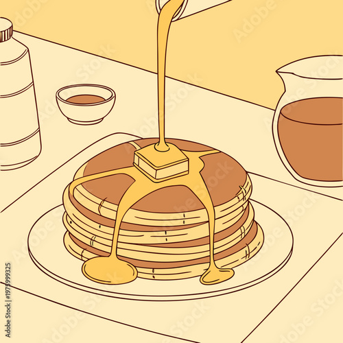 A vector graphic illustration of a stack of pancakes with syrup being poured on top in a kitchen setting