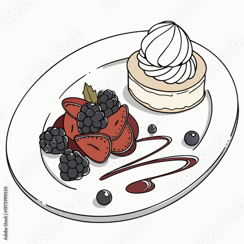A vector graphic illustration of a dessert plate with whipped cream and fruit