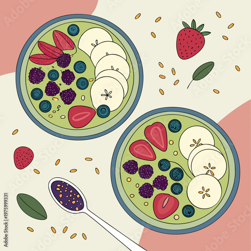 A vibrant illustration of two bowls of oatmeal with fruit and a spoonful of berries on a colorful background