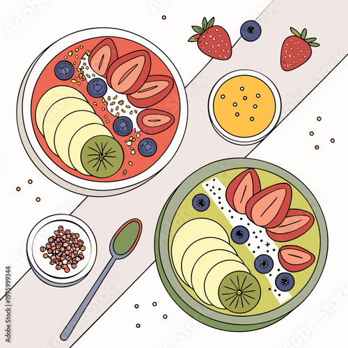 A vibrant vector illustration of a healthy breakfast spread with fruit and oatmeal bowls