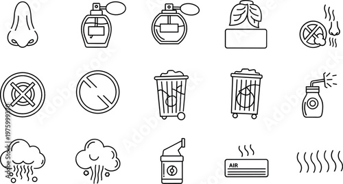 Set of Icons Featuring Air Fresheners, Trash, Odor Control, and Weather for Hygiene and Environmental Design Projects