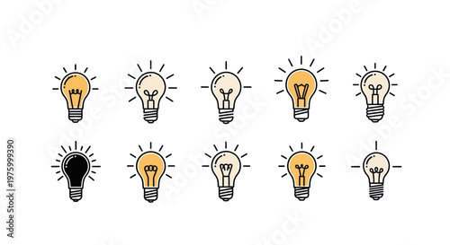 Set of 10 minimalist lightbulb icons in line art style representing ideas, creativity, and innovation. Perfect for business presentations, UI design, and infographics.