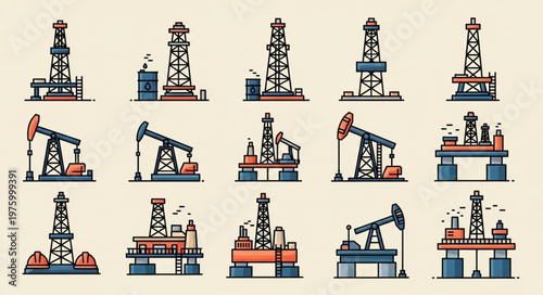 Oil and Gas Industry - A Collection of Oil Rigs and Pumpjacks.
