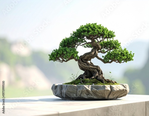 Bonsai tree in stone pot on white table for Arbor Day celebration, realistic nature photography