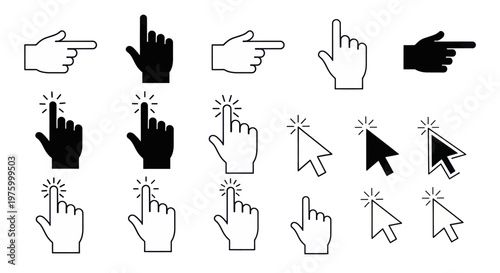 Collection of mouse cursor and hand pointer icons in solid black and outline styles. Includes clicking effects. Essential elements for web design, UI/UX, apps, and interactive digital interfaces.