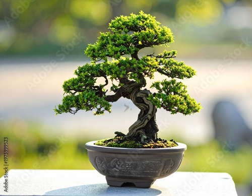 Miniature bonsai tree in ornate pot with warm sunset glow for Arbor Day, nature photography
