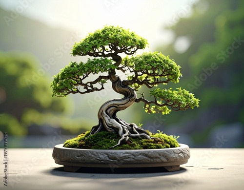 Elegant S-shaped bonsai tree with moss base for Arbor Day concept, professional nature photography
