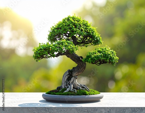 Lush green bonsai tree in ceramic tray for Arbor Day awareness, high quality realistic photography