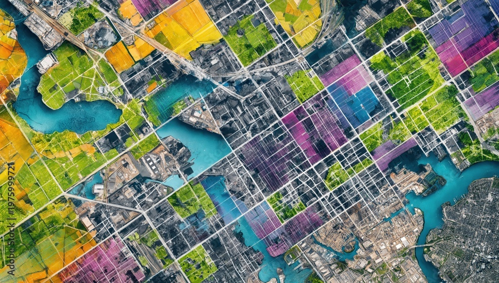 Naklejka premium A vibrant aerial view of an urban area with colorful patchwork fields, waterways, roads, and dense city structures.