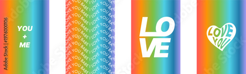 Rainbow gradient love card set with romantic typography and heart illustration. Colorful modern templates for pride month, greeting cards, posters and social media designs