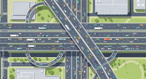 Aerial View of a Busy Highway Interchange with Traffic.