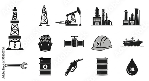 Oil and Gas Industry Icons - Rig, Refinery, Tanker, and Equipment.