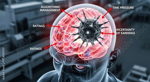  3D Medical Brain Illustration — Gig Economy Worker Mental Health Destroyed by Algorithmic Management, Rating Pressure, Time Stress and Earnings Uncertainty — Occupational Burnout Concept