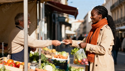 Smiling young woman buying fresh vegetables at an outdoor farmers' market. Happy customer paying a senior vendor with cash for local produce