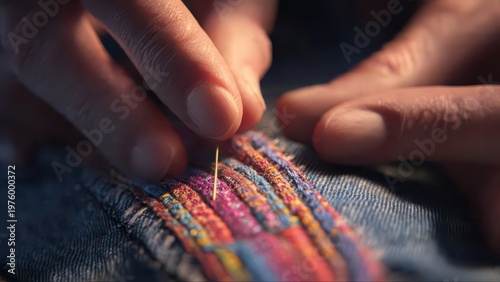 Close Up of Hands Sewing Colorful Fabric with Needle