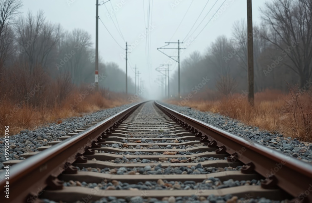 Obraz premium Railroad tracks stretch into foggy distance through bare trees and dry grass. Overhead power lines suggest electrified railway transport. Gloomy mood.