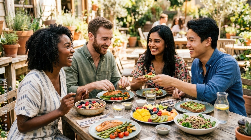 Naklejka premium Group Of Friends Sharing Colorful Drinks And Enjoying Time Together, Laughing And Smiling In A Bright, Cheerful Setting