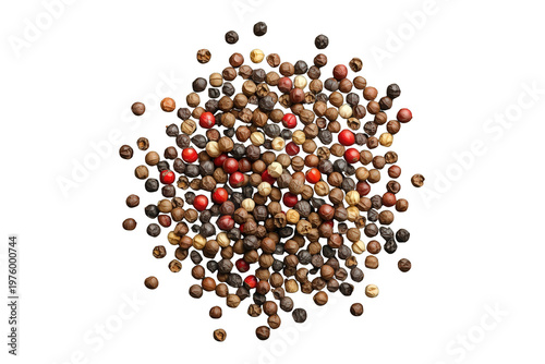 Mixed peppercorns blend for cooking and seasoning, combining black, white, red, and green spices, on transparent background